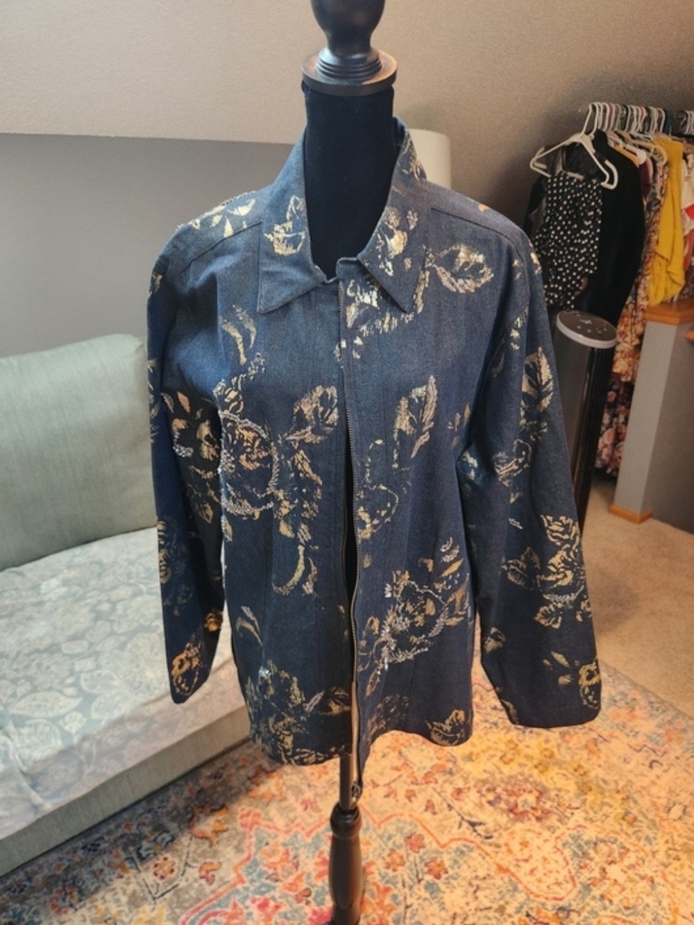 Chico's Navy Denim Floral Zip-Front Jacket